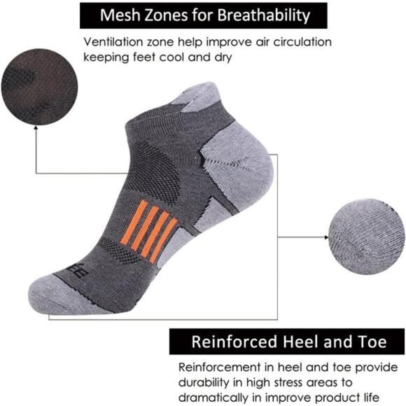 Mens Athletic No Show Socks 6 Pack Cushioned Low Cut Running Sports Ankle Socks - Picture 3 of 7
